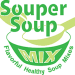 Logo of Souper Soup Mix with a bowl and ladle graphic. Logo of Souper Soup Mix with a bowl and ladle graphic.